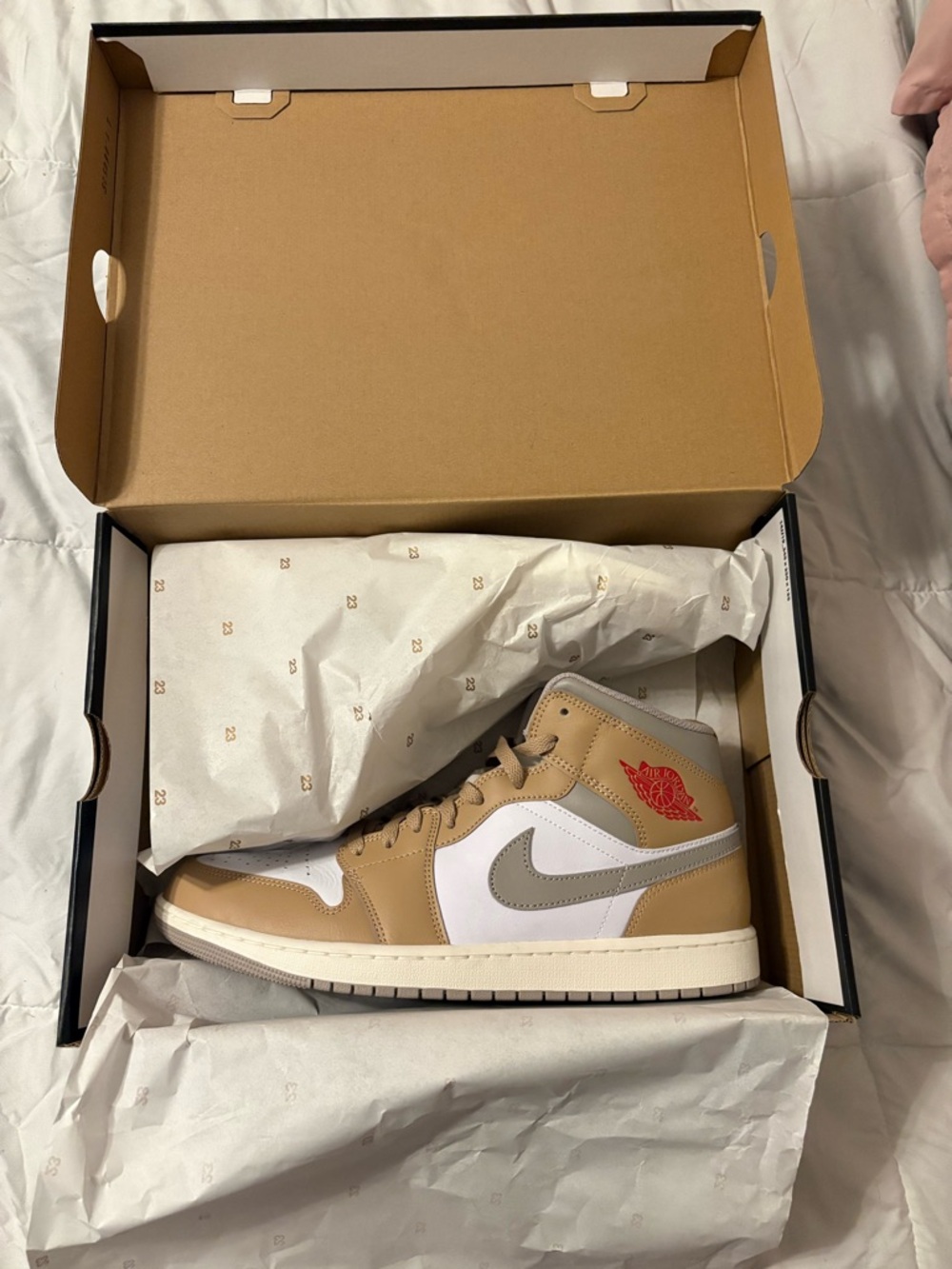 Jordan Mid-Top Sneakers in Tan, White & Gray with Red Wings Logo